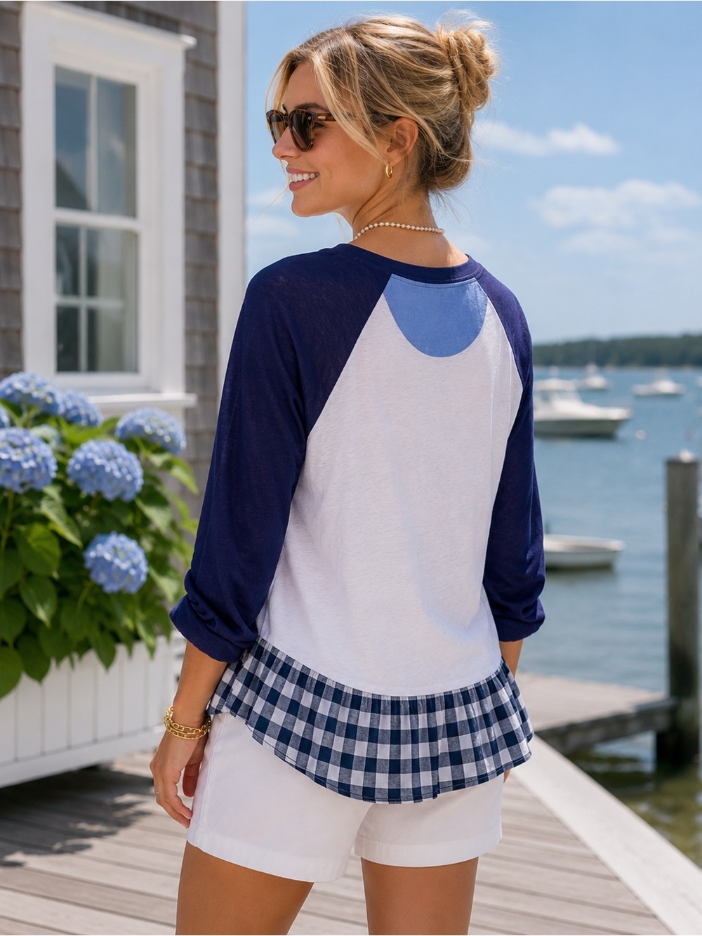 LITTLE YELLOW BUTTON Gingham Hem Mixed Media Navy Burnout Long Sleeve Tee, L